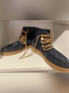 Boden Navy Suede Ankle Booties with Tan Laces